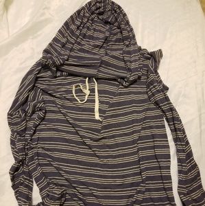 Hooded blue and white striped long sleeve shirt